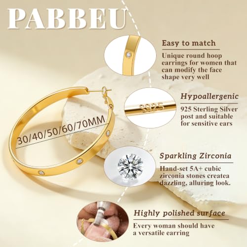 5MM Wide 925 Sterling Silver Post Hoop Earrings Hypoallergenic Lightweight | Sparkly 14K Gold Plated Large Rhinestone Hoop Earrings Big Cubic Zirconia Earring Hoops for Sensitive Ears 30/40/50/60/70MM - color: 50mm Gold