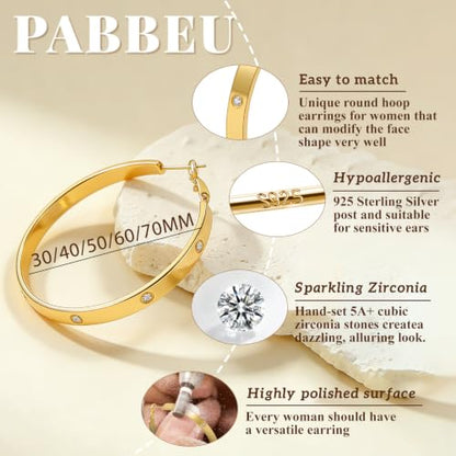 5MM Wide 925 Sterling Silver Post Hoop Earrings Hypoallergenic Lightweight | Sparkly 14K Gold Plated Large Rhinestone Hoop Earrings Big Cubic Zirconia Earring Hoops for Sensitive Ears 30/40/50/60/70MM - color: 70mm Gold