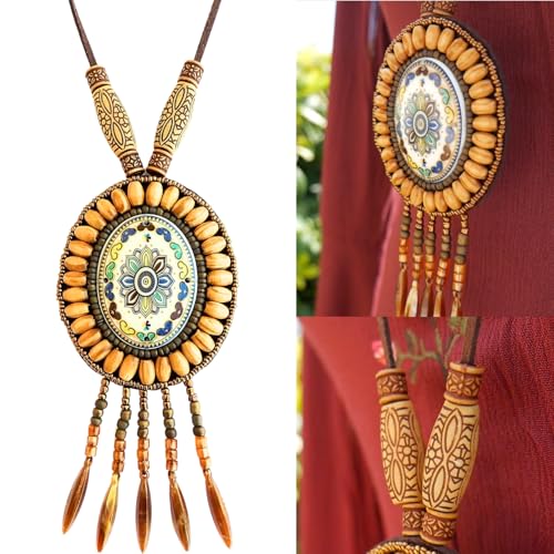 Bohemian Beaded Necklace for Women Long Boho Pendant Wood Mala Beads Wooden Strand Tassel Stone Bohemian Necklaces for Women Jewelry - style: Ethnic Mantra Set