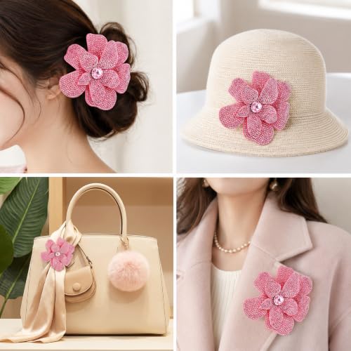 3.74 Inches Rhinestone Camellia Flower Brooch Pin Fashion Sparkly Crystal Floral Brooch Dainty Elegant Pink Flower Brooches for Women Wedding Party Banquet Dress Clothes Jewelry Accessories