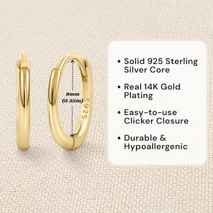 14K Gold Plated 925 Sterling Silver Tiny Hoop Earrings, Thin Small Huggie Hoops, Hypoallergenic Lightweight Cartilage Earrings for Women Men, Multiple Piercings (6mm, 8mm, 10mm, 11mm) - style: Gold-8mm-1Pair