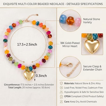 SYNLIN Resin Chunky Beaded Necklace for Women, Adjustable Heart Pendant Beaded Choker, Lightweight Statement Necklace, Boho Summer Beach Jewelry - color: Vibrant Multicolor