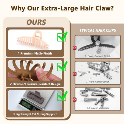 Matte 5 Inch Large Hair Clips for Thick Hair, 4 Pack | Extra large hair claw clips in blush pink, sand beige, brown and gray, designed for secure hold and everyday styling - color: Matte: Blush Pink, Sand Beige, Brown & Grey