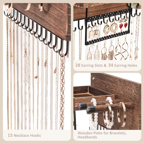 Lolalet Wall Mounted Hanging Jewelry Organizer, 15 Hooks Wooden Necklaces Holder with Storage Shelf, Easy Install Earrings Bracelets Hanger -Brown - color: Brown