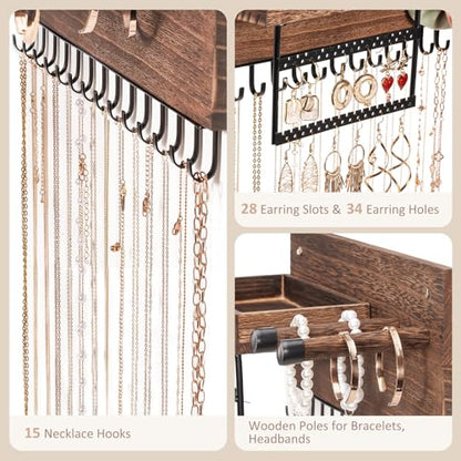 Lolalet Wall Mounted Hanging Jewelry Organizer, 15 Hooks Wooden Necklaces Holder with Storage Shelf, Easy Install Earrings Bracelets Hanger -Brown - color: Brown