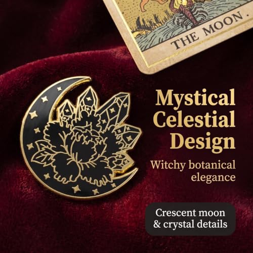 Black Gold Crescent Moon Crystal Flower Enamel Pin, Witchy Celestial Floral Lapel Pin, Gothic Mystical Badge for Jackets Backpacks, Spiritual Gift for Witches Crystal Lovers Gothic Enthusiasts