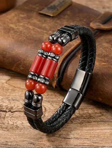 Mens Leather Turquoise/Tiger Eye/Obsidian/Lava Stone Bracelet–Braided Multi‑Layer Wristband Cuff Bangle Barcelet–Jewelry Box and Pouch Packing - color: Agate Onyx, size: 9in(Fits larger wrists)
