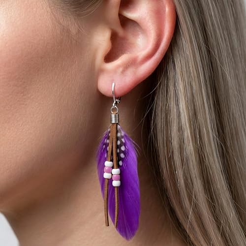 Aloha Earrings-Clip On Real Feather Earrings-Dangle Clip On Earrings Tassel Long Clip Earrings Bohemian - color: Purple Feathers