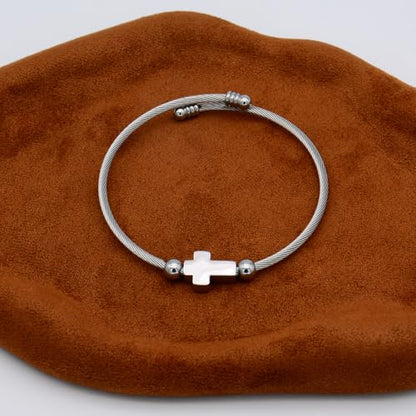 Stainless Titanium Steel Cross Bracelet for Men and Women – Minimalist Adjustable Bangle with Religious Symbol – Hypoallergenic Cable Wire Cuff with Eco-Friendly Packaging