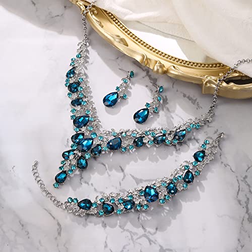 Wedding Bridal Necklace Earrings Jewelry Set for Women | Gorgeous Austrian Crystal Teardrop Flower Cluster for Bridal Bride Bridesmaid - color: 3Pcs-Blue Topaz