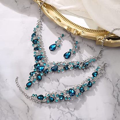 Wedding Bridal Necklace Earrings Jewelry Set for Women | Gorgeous Austrian Crystal Teardrop Flower Cluster for Bridal Bride Bridesmaid - color: 3Pcs-Blue Topaz