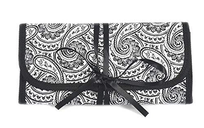 8" x 11" Hanging Travel Jewelry & Accessories Organizer Roll Bag (Black & White Paisley Print Exterior & Blue Interior)