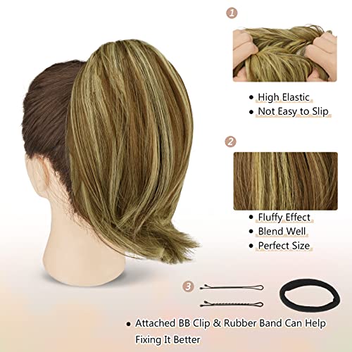 BARSDAR Golden Blonde Synthetic Heat Resistant Hair Bun Extension, Short Straight Thick Hairpiece, 1 Count (Pack of 1) - color: Golden Blonde with Highlights, size: 1 Count - Elastic