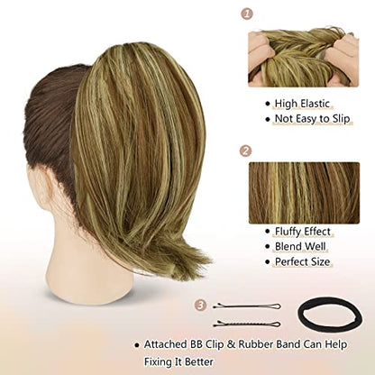 BARSDAR Golden Blonde Synthetic Heat Resistant Hair Bun Extension, Short Straight Thick Hairpiece, 1 Count (Pack of 1) - color: Golden Blonde with Highlights, size: 1 Count - Elastic