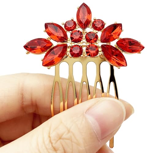 Bridal Crystal Hair Piece with Comb 3 Pieces Small Rhinestone Wedding Gold Hair Pins Accessories for Women Girls (Red) - color: Red