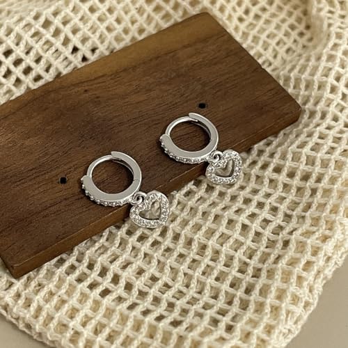 CZ Heart Small Sleeper Hoop Earrings for Women 925 Sterling Silver Crystal With Charms Cute Love Hearted Dangle Drop Earring Cartilage Cuffs Studs Delicate Valentine's Day Jewelry Gifts Hypoallergenic Huggie