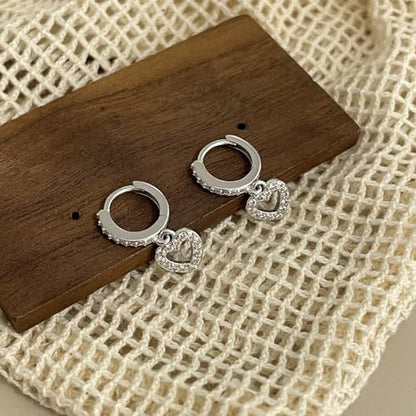 CZ Heart Small Sleeper Hoop Earrings for Women 925 Sterling Silver Crystal With Charms Cute Love Hearted Dangle Drop Earring Cartilage Cuffs Studs Delicate Valentine's Day Jewelry Gifts Hypoallergenic Huggie