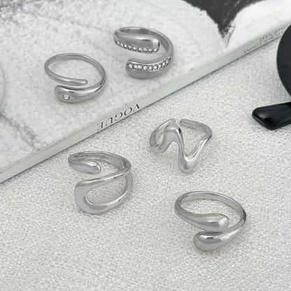 Chunky Gold Rings for Women Rhinestone Stackable Knuckle Ring Set Open Adjustable Statement Ring Set Dainty Crown Cross Midi Rings Fashion Jewelry Gift for Women - color: Silver2