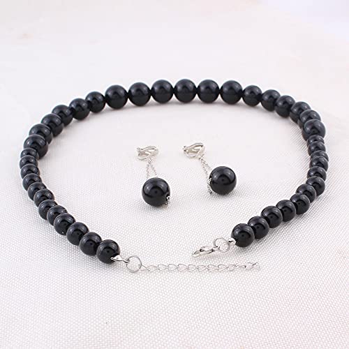 Handmade Faux Pearl Necklace and Clip on Earrings Jewelry Sets for Women Bib Choker Collar Necklace - color: Black-Necklace+Tassel Clip Earrings