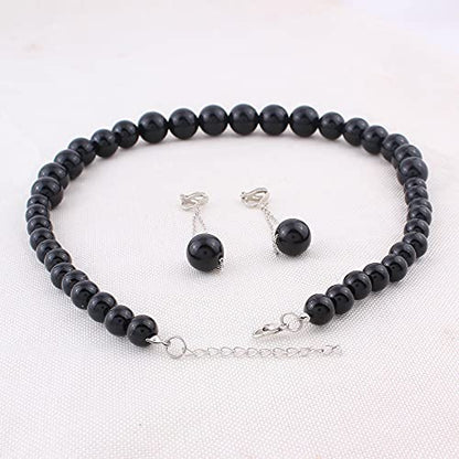 Handmade Faux Pearl Necklace and Clip on Earrings Jewelry Sets for Women Bib Choker Collar Necklace - color: Black-Necklace+Tassel Clip Earrings