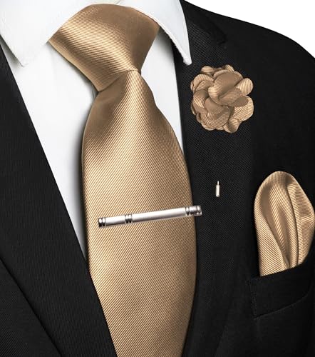 JEMYGINS Formal Necktie Solid Color Tie and Pocket Square with Tie Clip Lapel Pin Sets for Men 4PCS - color: Champagne