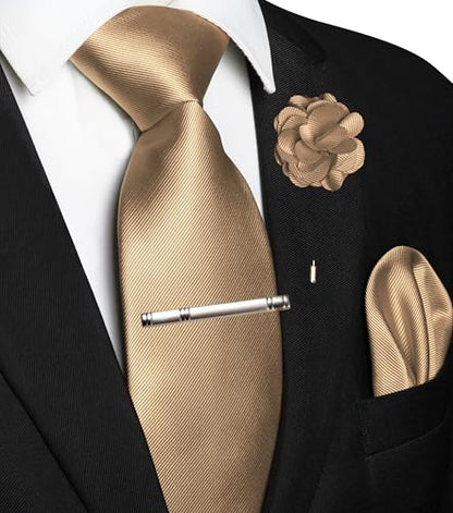 JEMYGINS Formal Necktie Solid Color Tie and Pocket Square with Tie Clip Lapel Pin Sets for Men 4PCS - color: Champagne