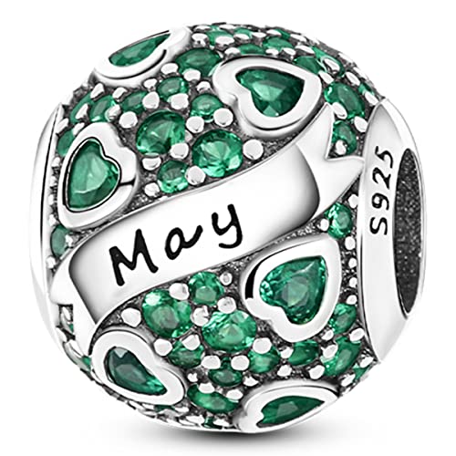 MULA Birthstone Charms 925 Sterling Silver for Bracelets and Necklaces | Dangle Pendants Beads With 5A Cubic Zirconia - Happy Birthday Mothers Day Jewelry - color: May Birthstone