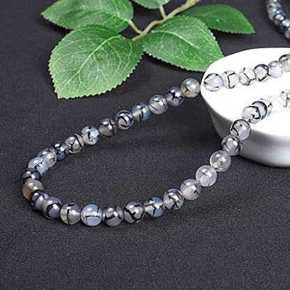 Natural Stone&925 Sterling Silver/18K Gold Anklet,│4MM│9-12 in│, Hand Woven, Adjustable Size - color: Black Dragon Pattern Agate Anklet，4MM