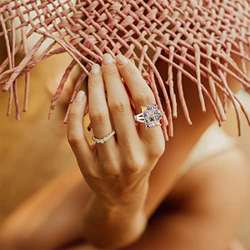 Multi Square Cubic Zrionias Crystal Ring,Platinum Plated Crystal Cocktail Party Ring for Women