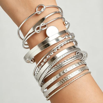 FAXHION Gold Bangle Bracelets for Women, 14 Pcs Multi Layer Stackable Bangle Set, 14K Gold Plated Textured Chunky Bracelets Boho Jewelrys Set - style: Silver A-14 pcs