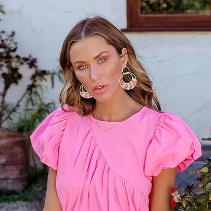 Raffia Hoop Earrings for Women Fun Boho Summer Beach Earrings Lightweight Handmade Straw Wicker Rattan Dangle Earrings Statement Geometric Round Drop Earrings - color: Colorful - Round
