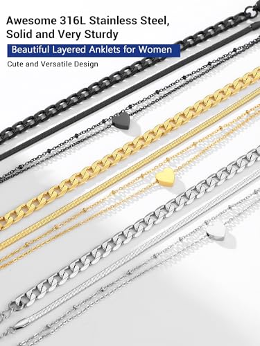 PROSTEEL Trendy Handcuffs Design/Customize Words Ankle Bracelet For Women, 316L Stainless Steel Anklets Silver/Gold/Black Tone, Hypoallergenic, Come with Box - style: 07.3 Layered-Cuban&Herringbone&Heart-Black