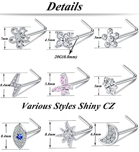 9Pcs Nose Rings Stud L Bone Screw Shaped Nose Ring Flower CZ Snowflake Butterfly Screw Nose Stud Body Piercing Jewelry for Women Men 20G Silver Gold Rose Gold Tone - color: F:Silver Tone&L Shaped