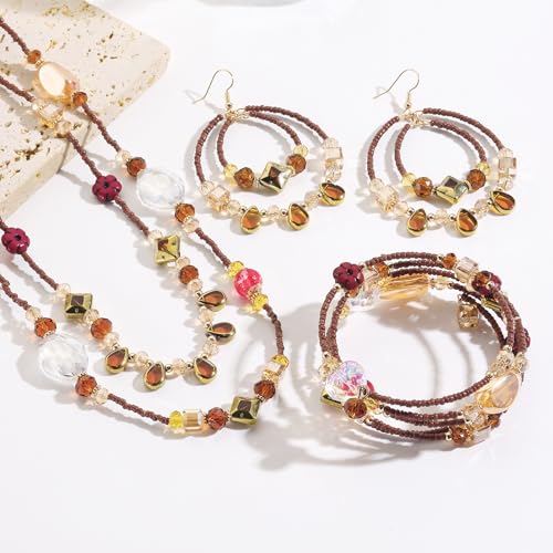 Bocar Bohemian Handmade Beaded Jewelry Set for Women 3 Pcs Layered Necklace Hoop Earrings Wrap Bracelet Set Boho Summer Vacation Jewelry Gift (NK-10834) - color: Brown