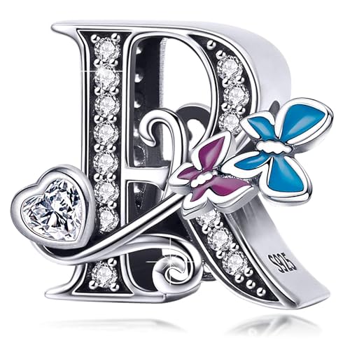 S925 Silver Butterfly Initial Letter Charms Fit for Pandora Charms Bracelets and Necklace Alphabet Bead Charms Jewelry Gifts for Women - color: R