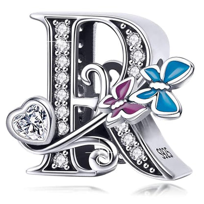 S925 Silver Butterfly Initial Letter Charms Fit for Pandora Charms Bracelets and Necklace Alphabet Bead Charms Jewelry Gifts for Women - color: R
