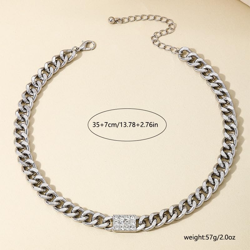 Elegant Silver Chain Choker Necklace with Crystal Accent, Chunky Curb Link Design, Adjustable Length, Fashion Statement Jewelry