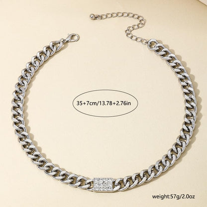 Elegant Silver Chain Choker Necklace with Crystal Accent, Chunky Curb Link Design, Adjustable Length, Fashion Statement Jewelry