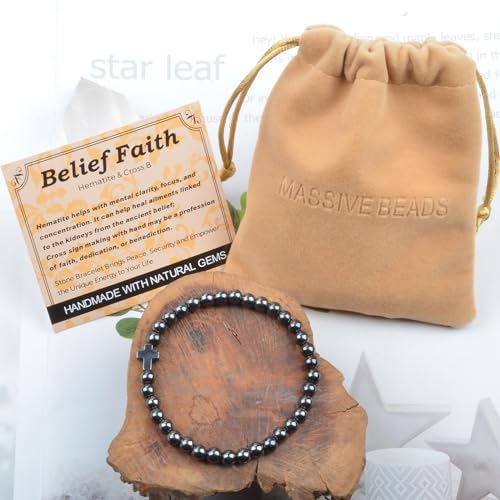 MASSIVE BEADS Handmade Yoga Stretch Elastic Bracelet Natural Stone Crystal Healing Power Energy Gifts for Unisex Adult 4mm 6mm 8mm 10mm - color: BELIEF FAITH(Hematite and Cross B), size: 6mm