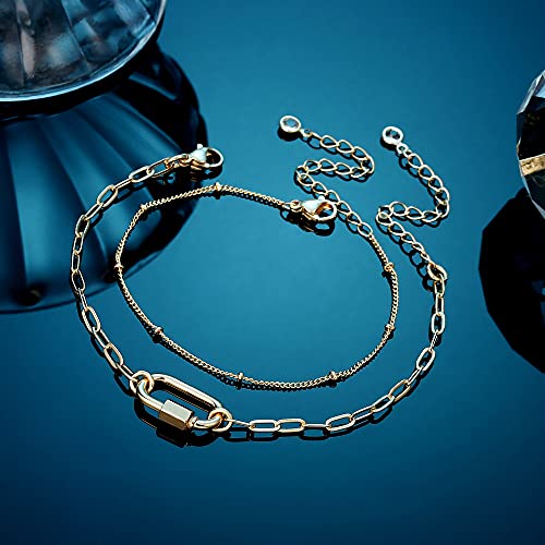 Dainty Gold Bracelets for Women, 14K Gold Plated Adjustable Layered Beads Bracelet Cute Evil Eye Oval Chain Pearl Bar Turtle Gold Bracelets for Women Jewelry - style: Beads Chain&Oval Screw Clasp