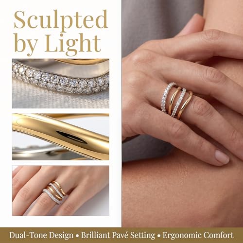 Stackable Gold Rings for Women Wavy Band Mixed Metals Dainty 14K Gold Plated Cubic Zirconia Wedding Ring Set Minimalist Promise Engagement Eternity Ring Stack Jewelry Size 5-11