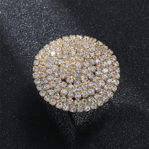 Rhinestone Finger Ring for Women Sparkly Crystal Butterfly Flower Leaf Adjustable Statement Chain Rings Punk Jewelry - color: Gold Round