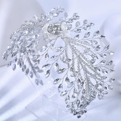 Bridal Headband,Rhinestone Crystal Floral Wedding Headpiece Flower Leaf Hair Accessories for Bride Wedding (Silver) - color: Silver