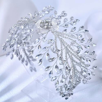 Bridal Headband,Rhinestone Crystal Floral Wedding Headpiece Flower Leaf Hair Accessories for Bride Wedding (Silver) - color: Silver