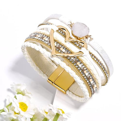 VIBILIA Boho Leather Wrap Bracelets for Women Multi-Layer Bracelets | With Strong Clasp Jewelry for Women - color: 01-Heart-White