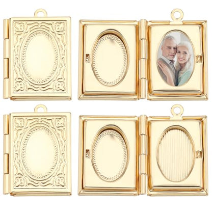 Beebeecraft 1 Box 6Pcs Book Photo Frame Charms 18K Gold Plated Religious Bible Floating Locket Necklace Pendants Charms for DIY Living Memory Necklace Making 26x19x4.5mm, Hole 1.8mm