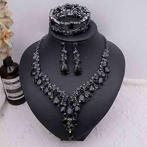 CSY Elegant Crystal Costume Jewelry Sets Flower Bridal Necklace Earrings Stretch Bangle Set for Bride Bridesmaid Wedding Dress Accessories - color: black