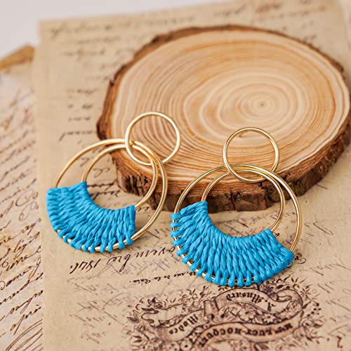 Raffia Hoop Earrings for Women Fun Boho Summer Beach Earrings Lightweight Handmade Straw Wicker Rattan Dangle Earrings Statement Geometric Round Drop Earrings - color: Light Blue - Round
