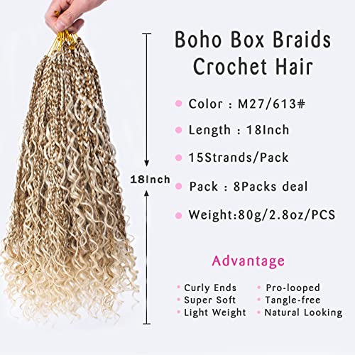 Unionbeauty 18 Inch Boho Box Braids Crochet Hair Pre-looped 8 PCS Goddess Box Braids Crochet Hair Curly Ends Mix Blonde Bohemian Hippie Crochet Braids Synthetic Braiding Hair for Black Woman M27/613# - color: M27/613, size: 18 Inch (Pack of 8)