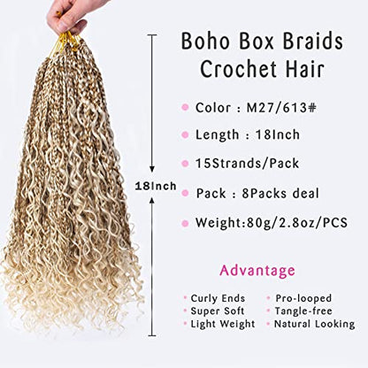 Unionbeauty 18 Inch Boho Box Braids Crochet Hair Pre-looped 8 PCS Goddess Box Braids Crochet Hair Curly Ends Mix Blonde Bohemian Hippie Crochet Braids Synthetic Braiding Hair for Black Woman M27/613# - color: M27/613, size: 18 Inch (Pack of 8)